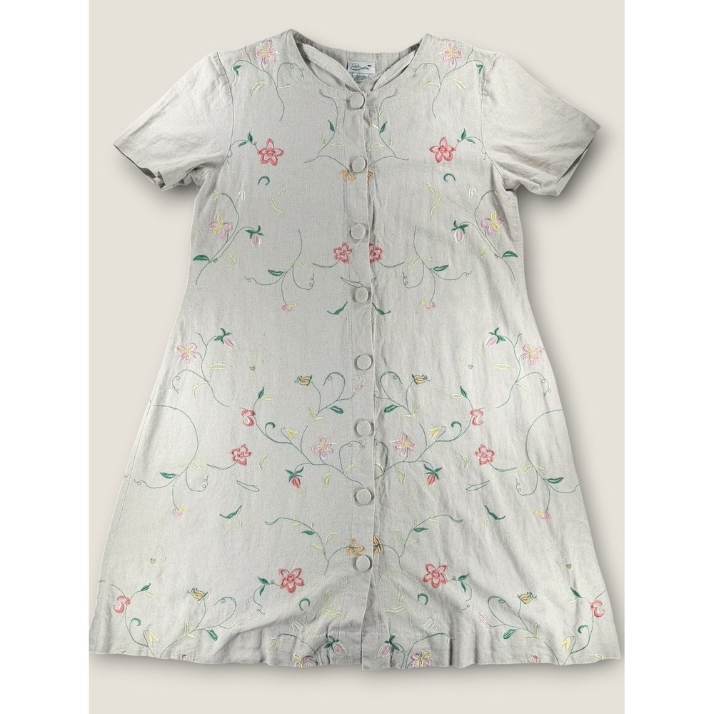 Vintage Serbin Linen Blend Dress Floral Embroidered Button Front Beige L XL